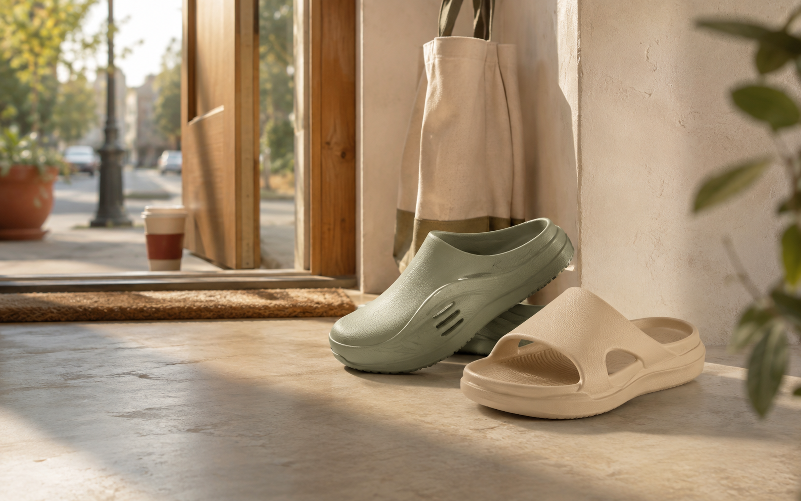 Original YOOYOS clog and slide concepts by a sunlit front door