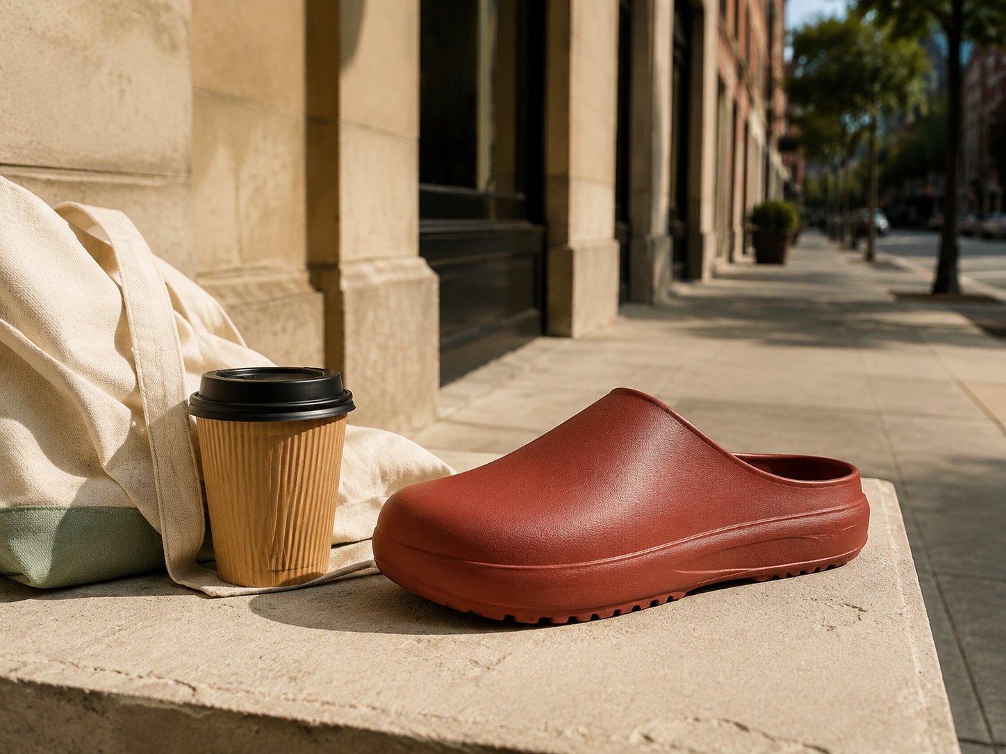 Clay Move Clog concept on a coffee run