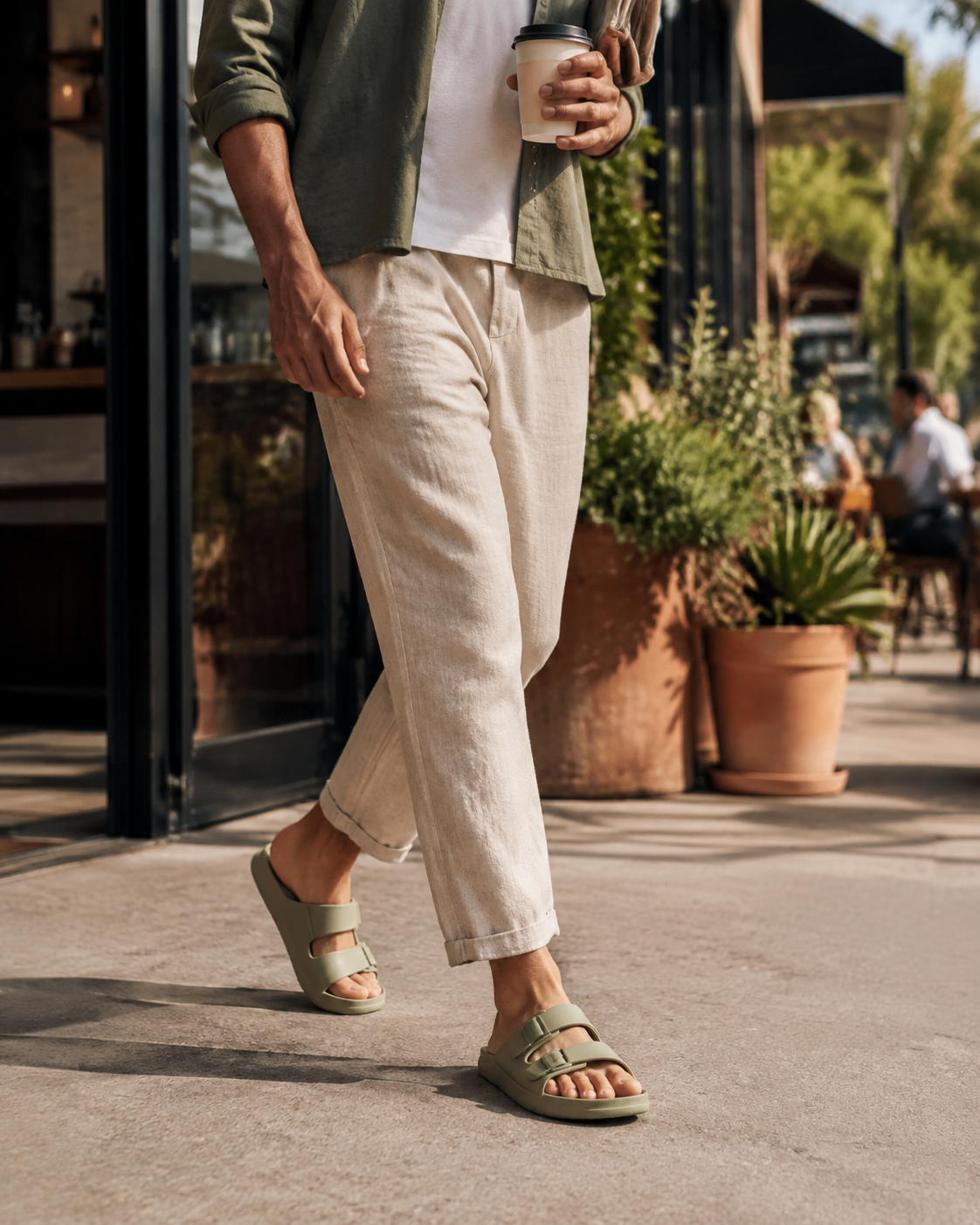 Everyday molded sandals worn on a coffee run